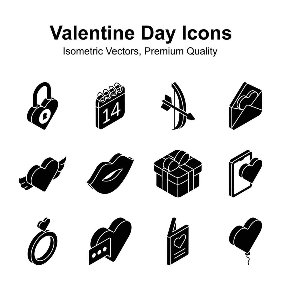 tomar un Mira a esta cuidadosamente hecho a mano san valentin día isométrica íconos colocar, Listo para prima utilizar vector