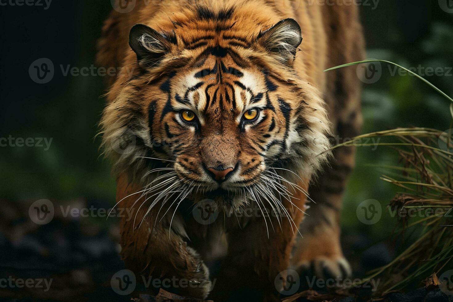 AI generated A captivating image capturing a powerful tiger mid-prowl, its intense gaze piercing through the serene yet dark natural surroundings. photo