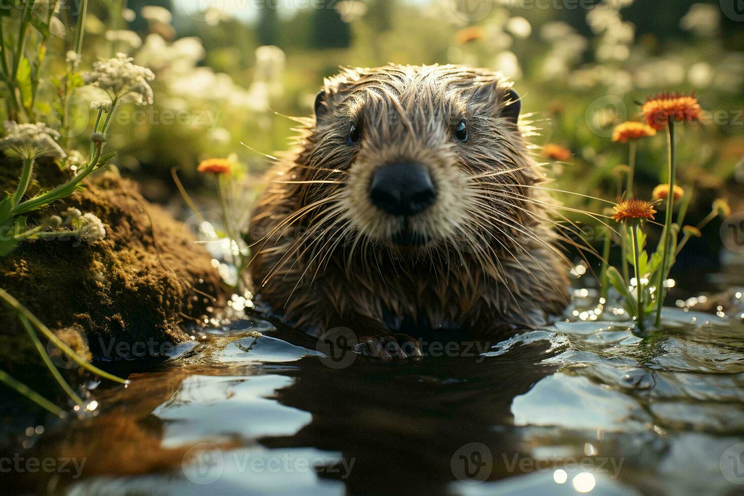 ai generado un de cerca de un mojado castor en medio de naturaleza. otoño hojas y bosque en el fondo crear un sereno ambiente. foto