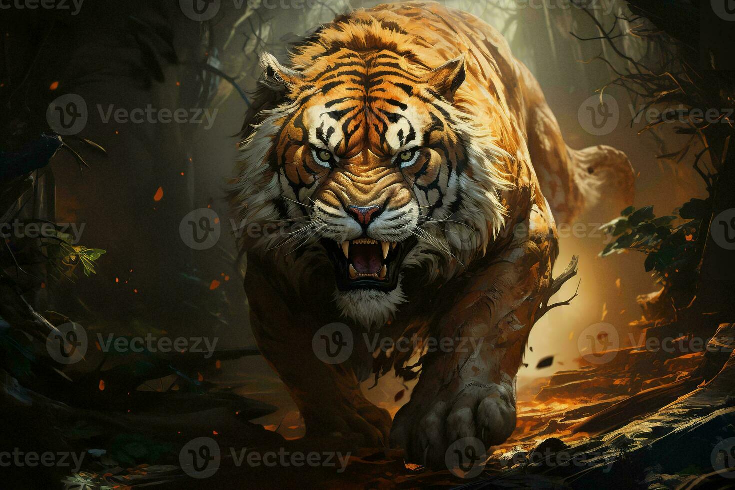 AI generated a majestic photograph of a tiger roaring powerfully amidst a dark, misty forest. The tiger intense gaze and detailed fur are highlighted by the surrounding enigmatic aura. photo