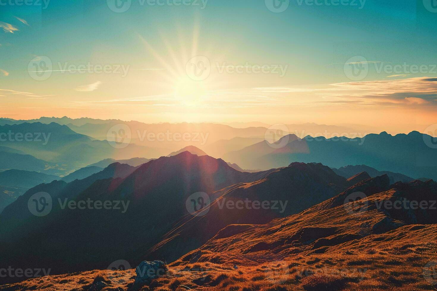 AI generated A breathtaking sunrise illuminates mountain peaks, casting intricate shadows and highlighting the textured terrain. photo