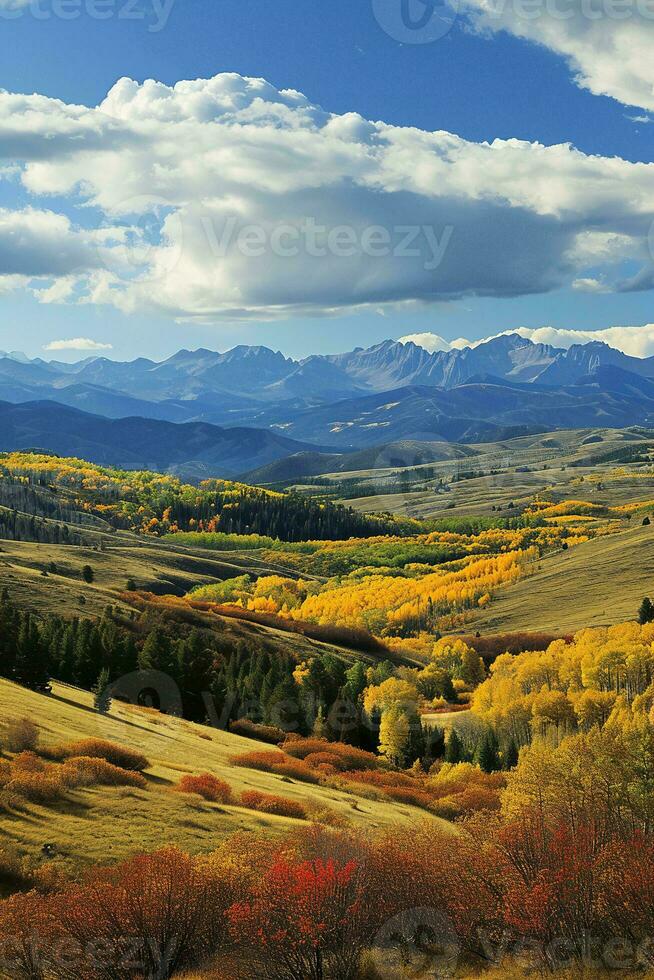 AI generated Breathtaking autumn scenery with vibrant foliage, majestic mountains backdrop, and a dynamic cloudy sky. photo