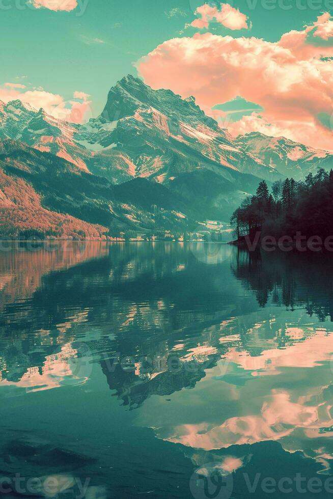 AI generated Breathtaking view of a snow-capped peak, calm waters reflecting the sky's warm hues, surrounded by lush greenery. photo
