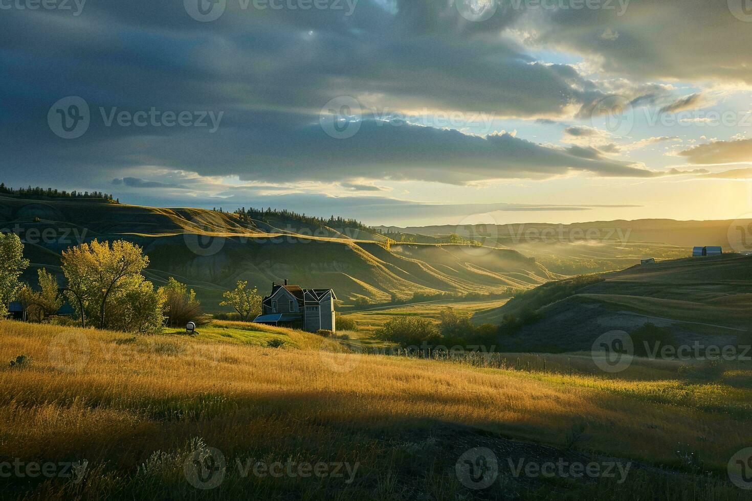 AI generated A tranquil scene of rolling golden hills bathed in the soft light of sunset, showcasing nature's serene beauty and peaceful solitude. photo