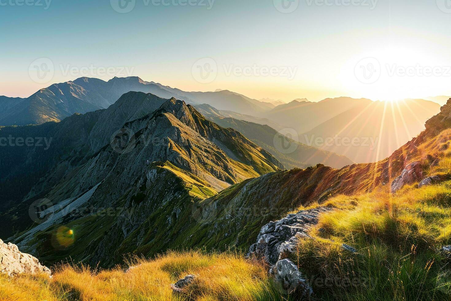 AI generated A breathtaking sunrise illuminates the rugged mountain peaks, casting a golden glow on the lush green valleys below. photo