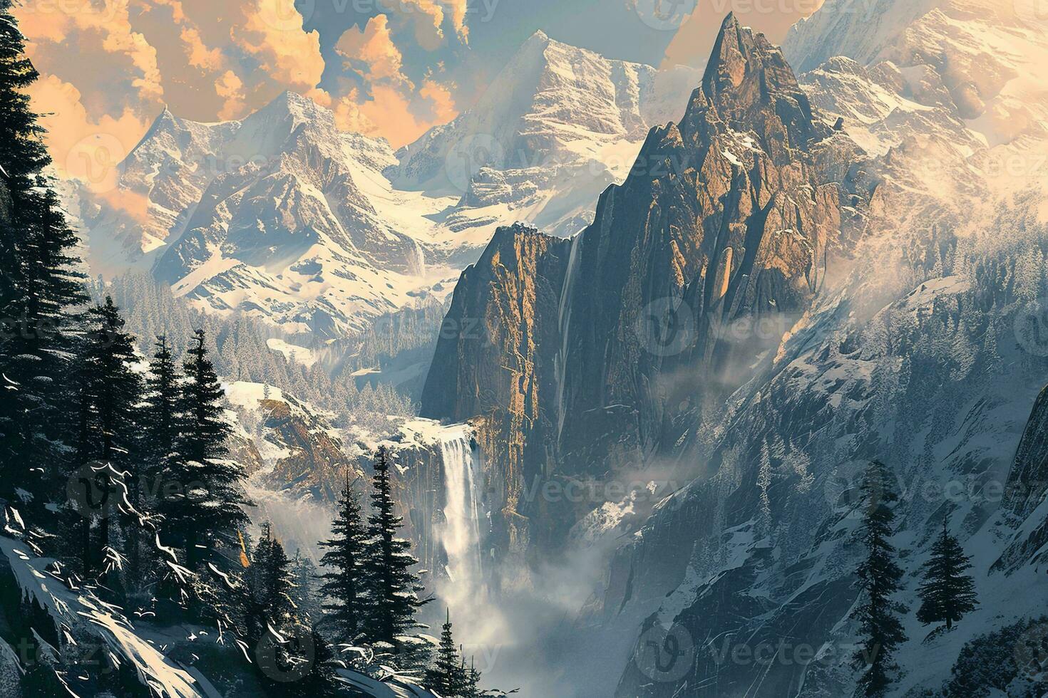 AI generated a breathtaking mountain vista with a pristine lake nestled amidst lush greenery under the expansive clear skies photo