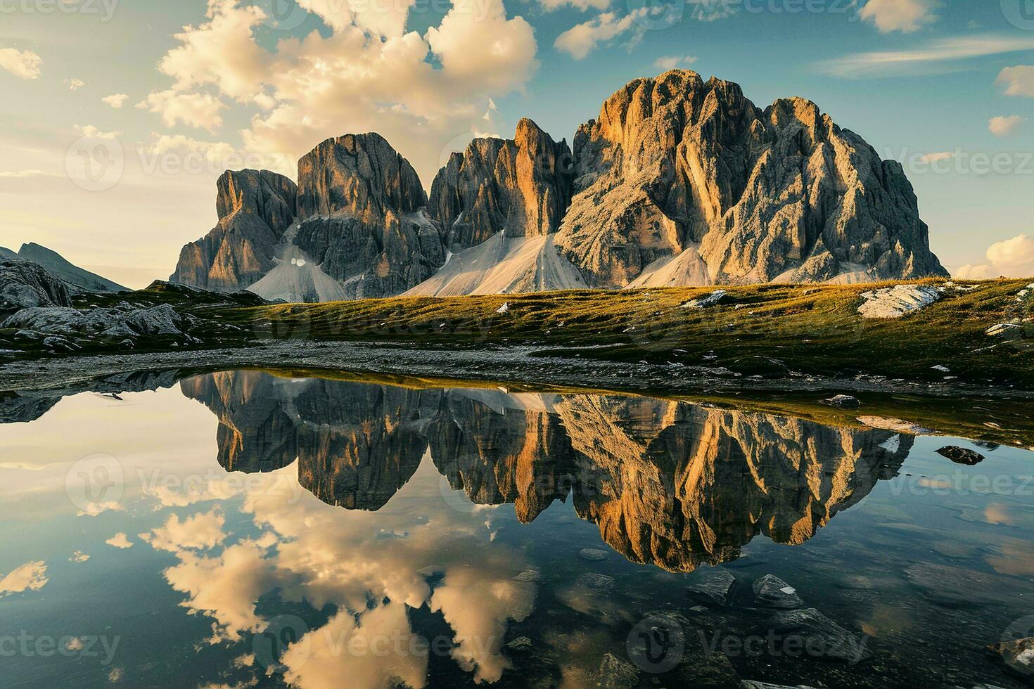 AI generated a stunning sunrise over a rugged mountain range. Jagged and rugged mountain peaks dominate the foreground, their intricate textures and shapes highlighted by the setting sun photo