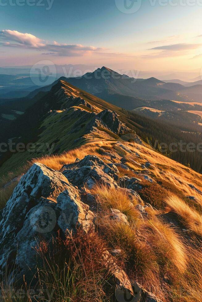 AI generated a mountainous landscape during sunset. Rocky terrains with patches of grass are prominently featured in the foreground. The sunlight casts a golden hue on the rocks and grass photo