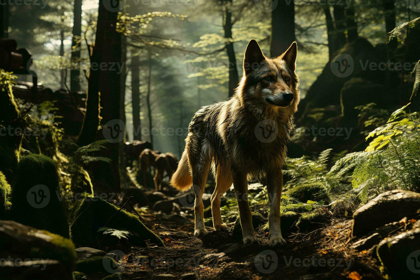 AI generated A lone wolf stands amidst a serene forest, bathed in sunlight filtering through the dense canopy of trees, casting an ethereal glow on the lush greenery. photo