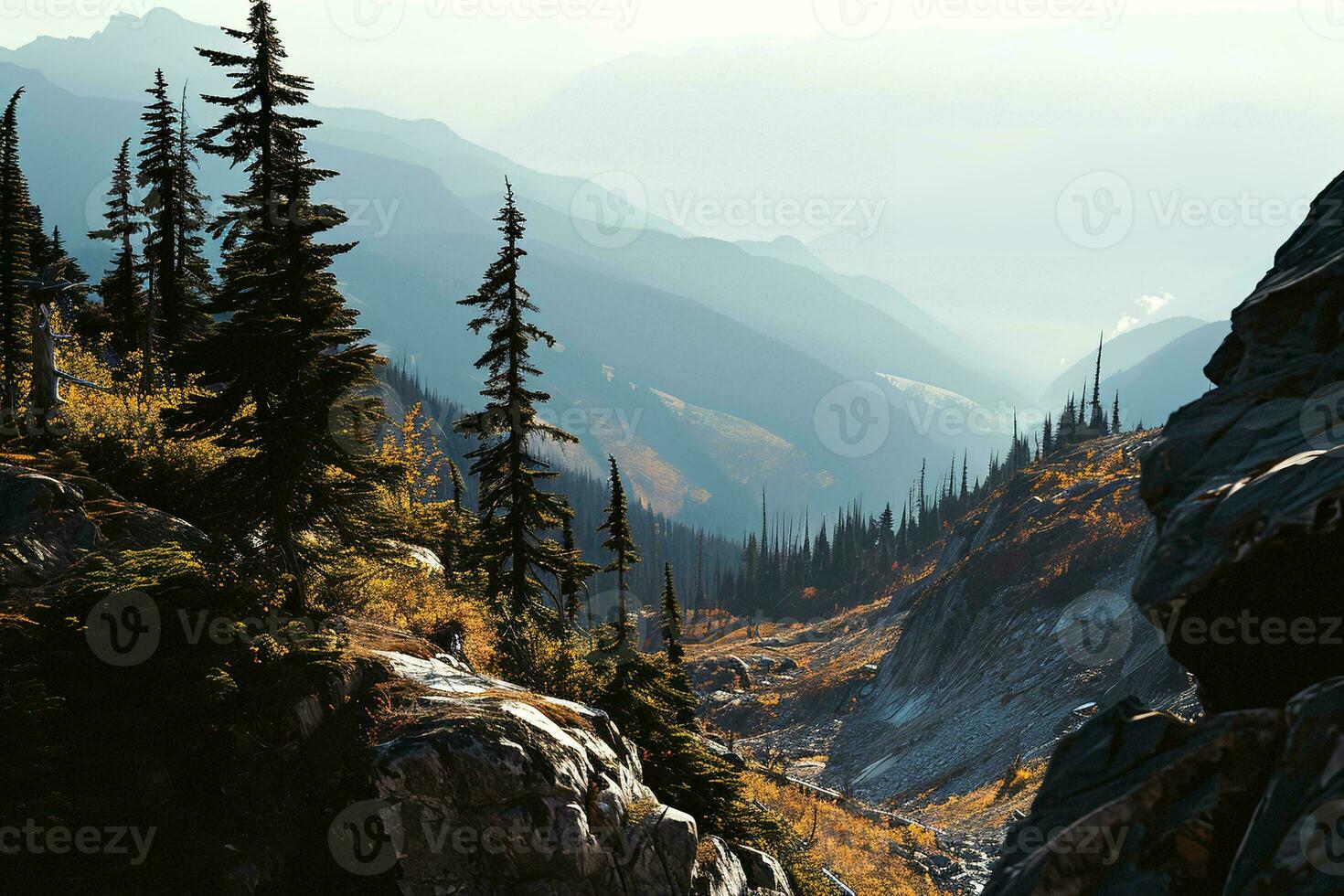 AI generated A breathtaking view of a mountain range with autumnal trees, rocky terrains, and misty valleys showcasing nature beauty. photo