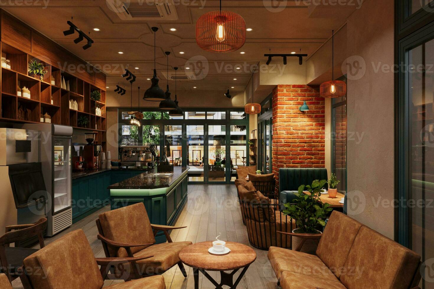 A cozy and inviting coffee shop, with warm lighting and comfortable seating photo