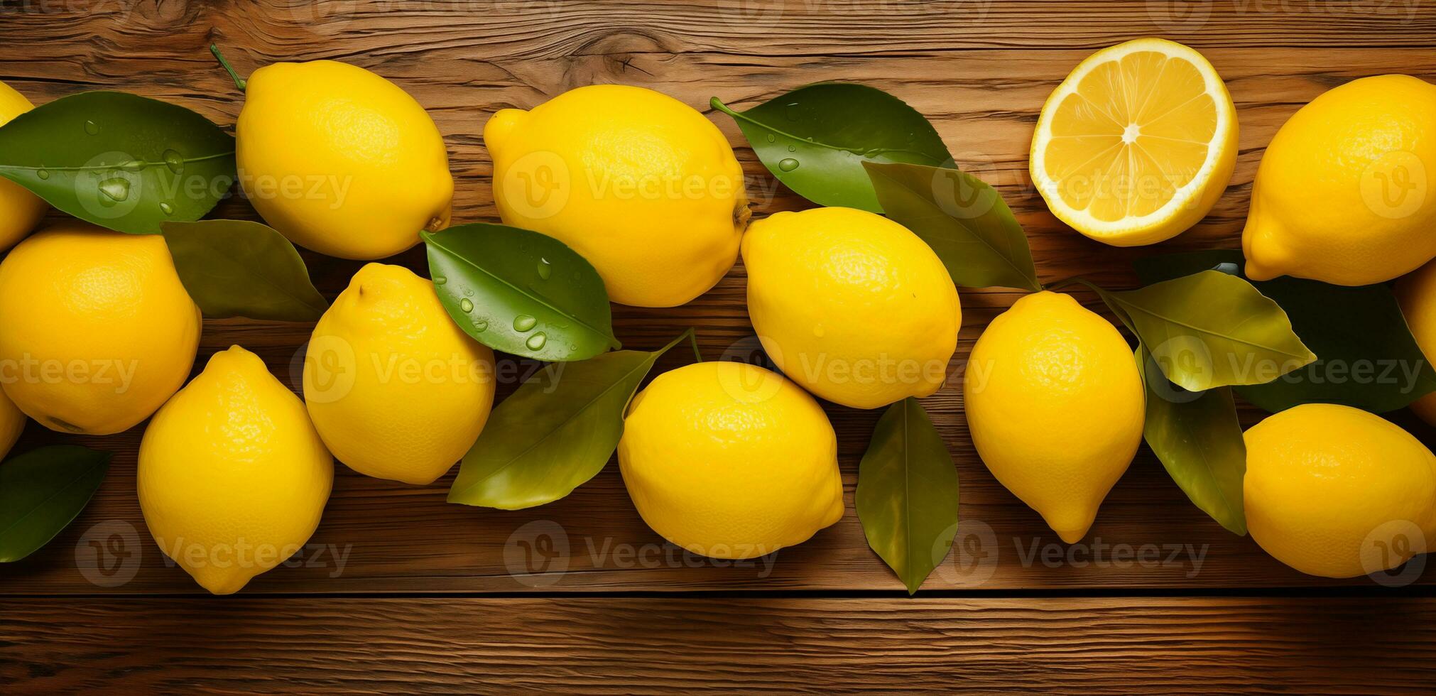 Ripe yellow lemons close-up on the background of the wooden table. photo