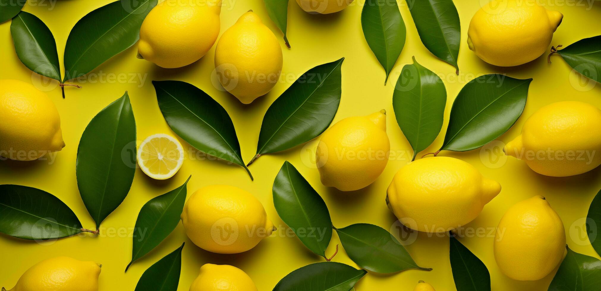 Ripe lemons and lemon leaves on a yellow background. Top view. photo