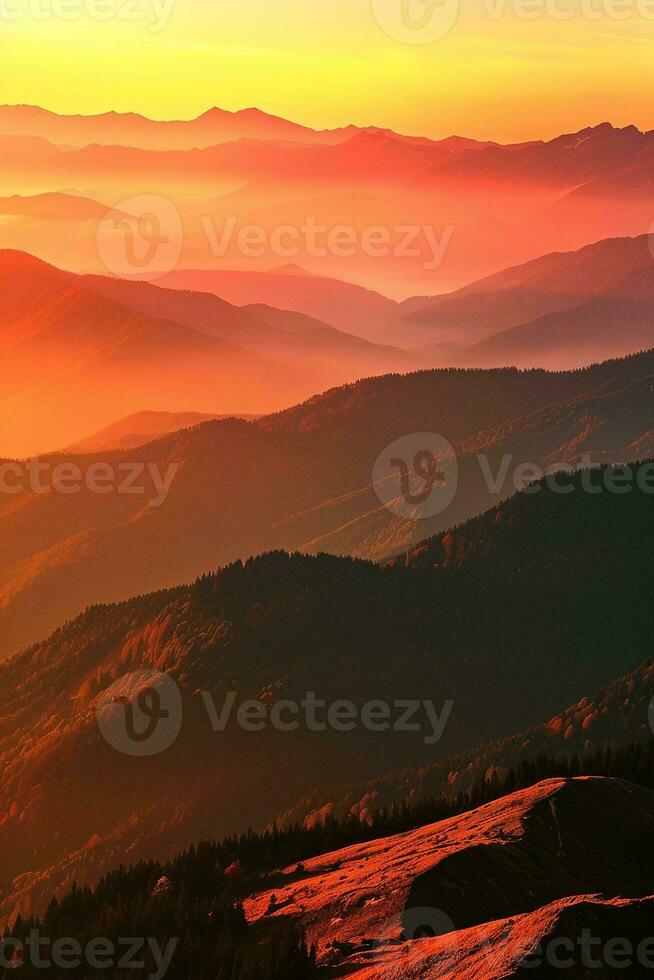 AI generated A stunning sunset over a mountainous terrain, casting vibrant orange and red hues across the serene and majestic landscape. The overall mood of the image is tranquil and awe-inspiring. photo