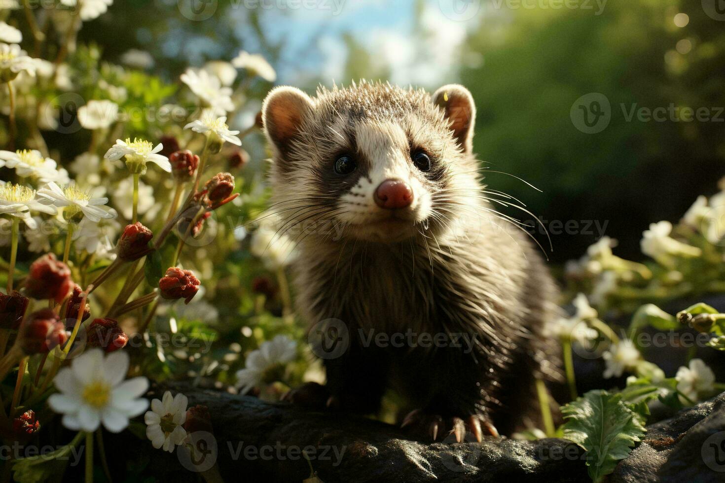 ai generado un curioso hurón explora un jardín, rodeado por blanco flores debajo el amable calor de luz de sol. el detallado piel modelo y inquisitivo Mira de el hurón foto