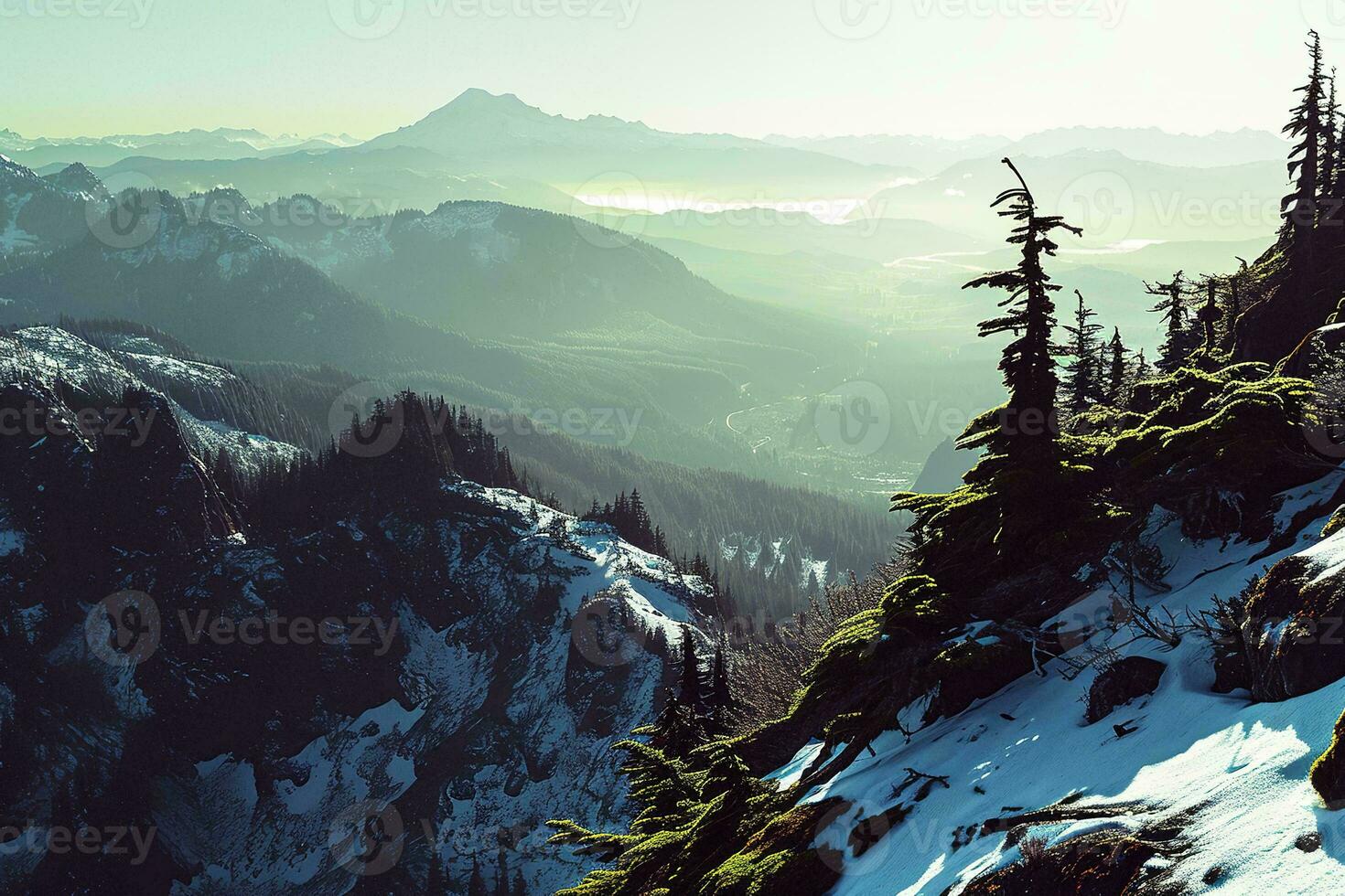 AI generated a serene winter scene showcasing a flowing waterfall amidst snow-covered red rocky cliffs and frosty trees. photo