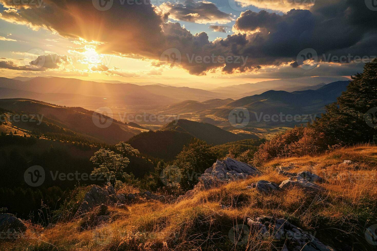 AI generated Breathtaking sunset illuminating a serene landscape of mountains, with dark clouds overhead and a rocky terrain in the foreground photo