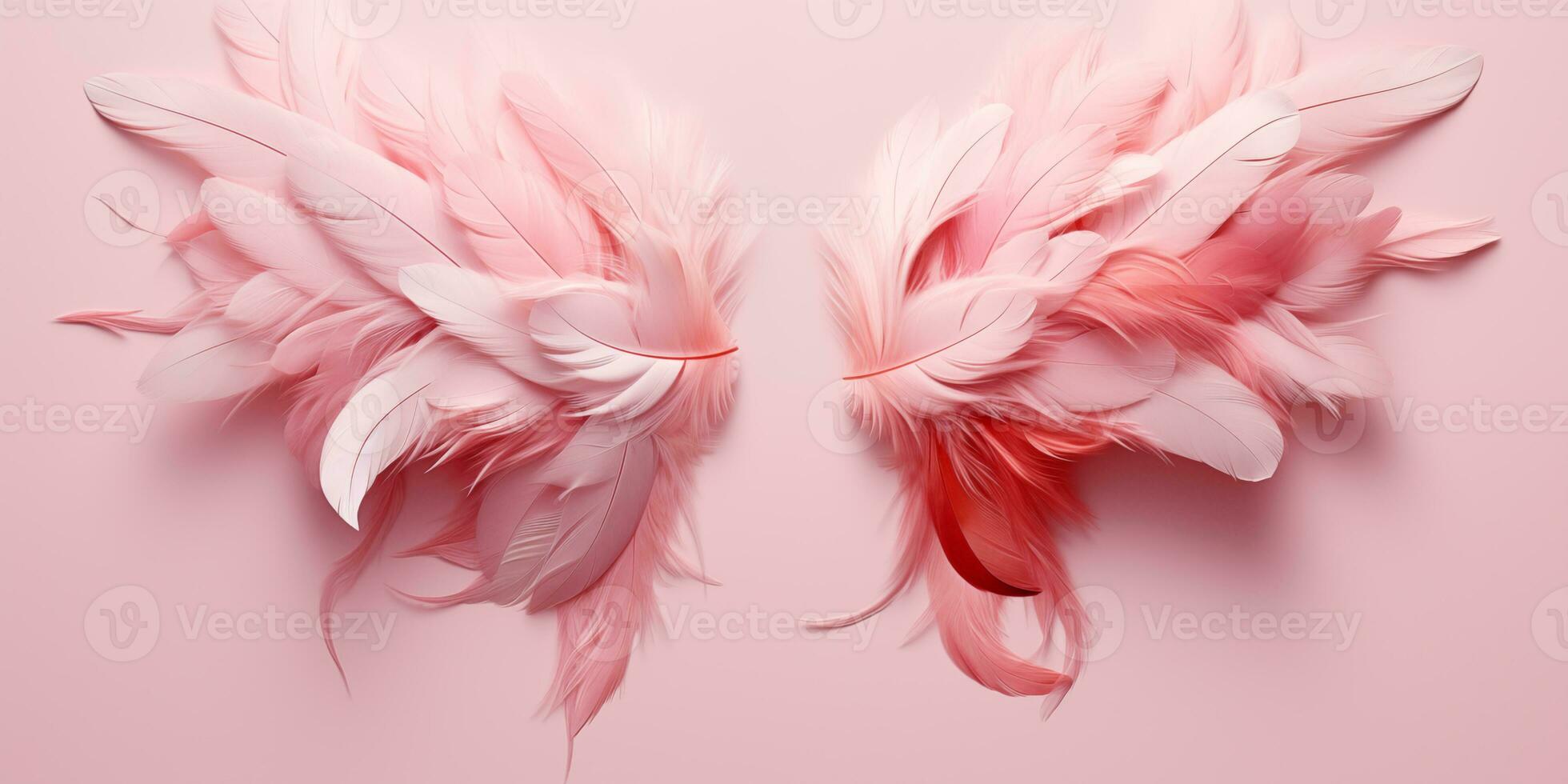 AI generated Light pink feather wings on a pink background. Celebration of Valentine's Day. Cupid. Generated by artificial intelligence. photo