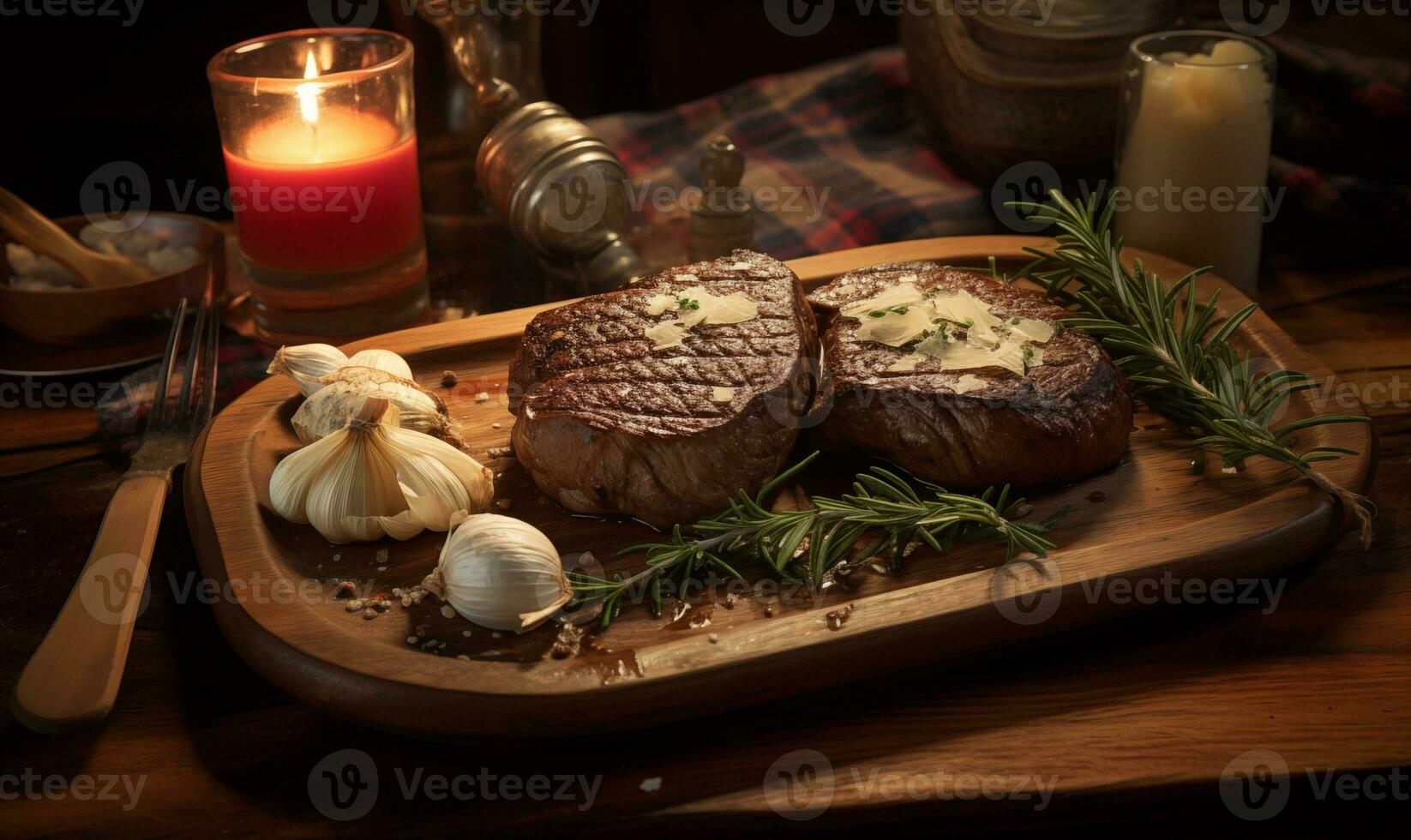 AI generated A large steak with vegetables and butter on a wooden board photo