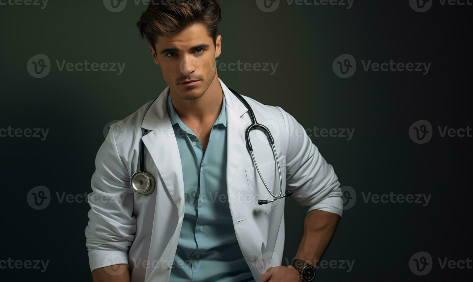 AI generated Professional doctor man in a medical coat with a stethoscope. Posing on the dark background, the young physician looking at the camera. photo