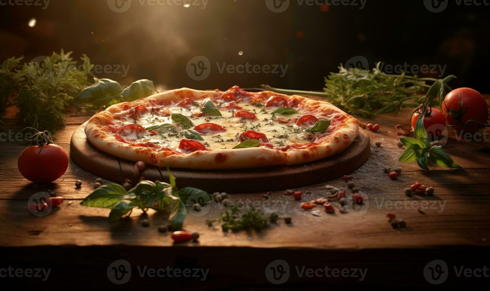 AI generated Pizza sitting on a wooden board with herbs photo