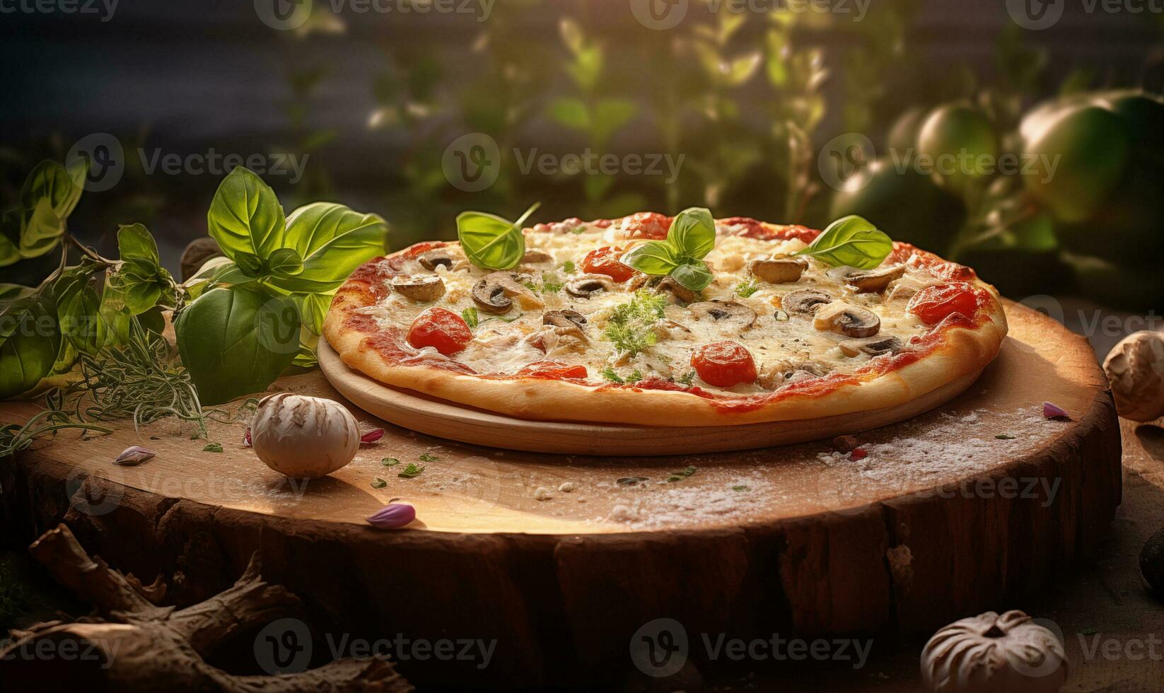 AI generated The small pizza sitting on a wooden board and some small herbs on it photo
