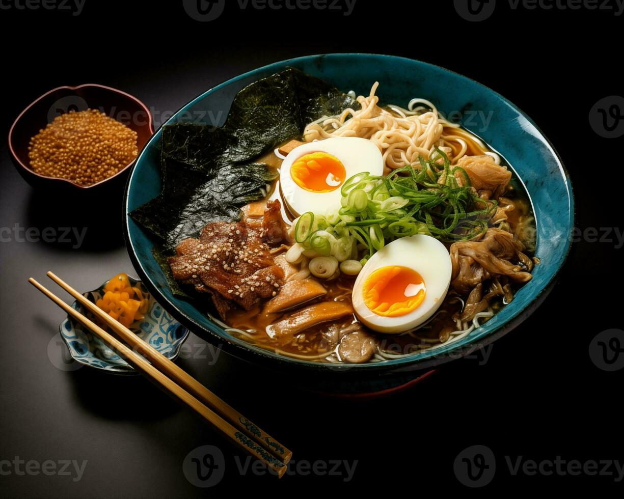AI generated Japanese ramen with eggs and vegetables in a bowl photo