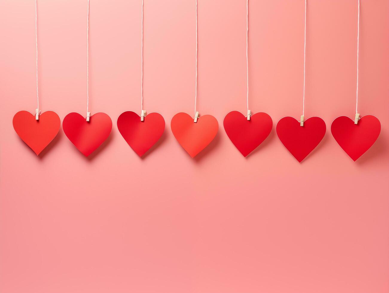 Paper hearts hanging on a line on a pink background photo