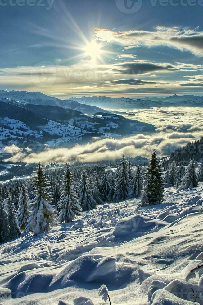 AI generated a breathtaking view of snow-covered mountains, illuminated by the sun rays piercing through the clouds, showcasing nature majesty. photo