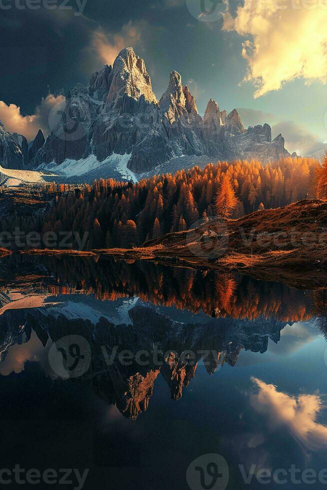 AI generated A breathtaking view of rugged peaks, mirrored in a tranquil lake, surrounded by the warm hues of autumn foliage under the soft glow of a setting sun. photo
