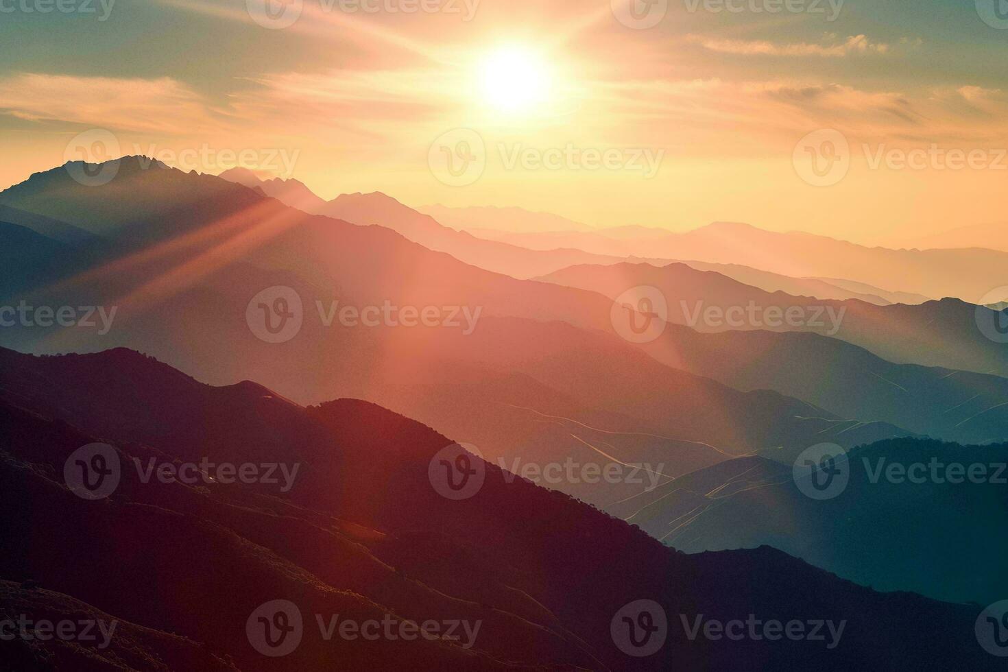 AI generated a breathtaking sunset illuminating a mountain range, casting golden hues and shadows that highlight the terrain majestic contours. photo