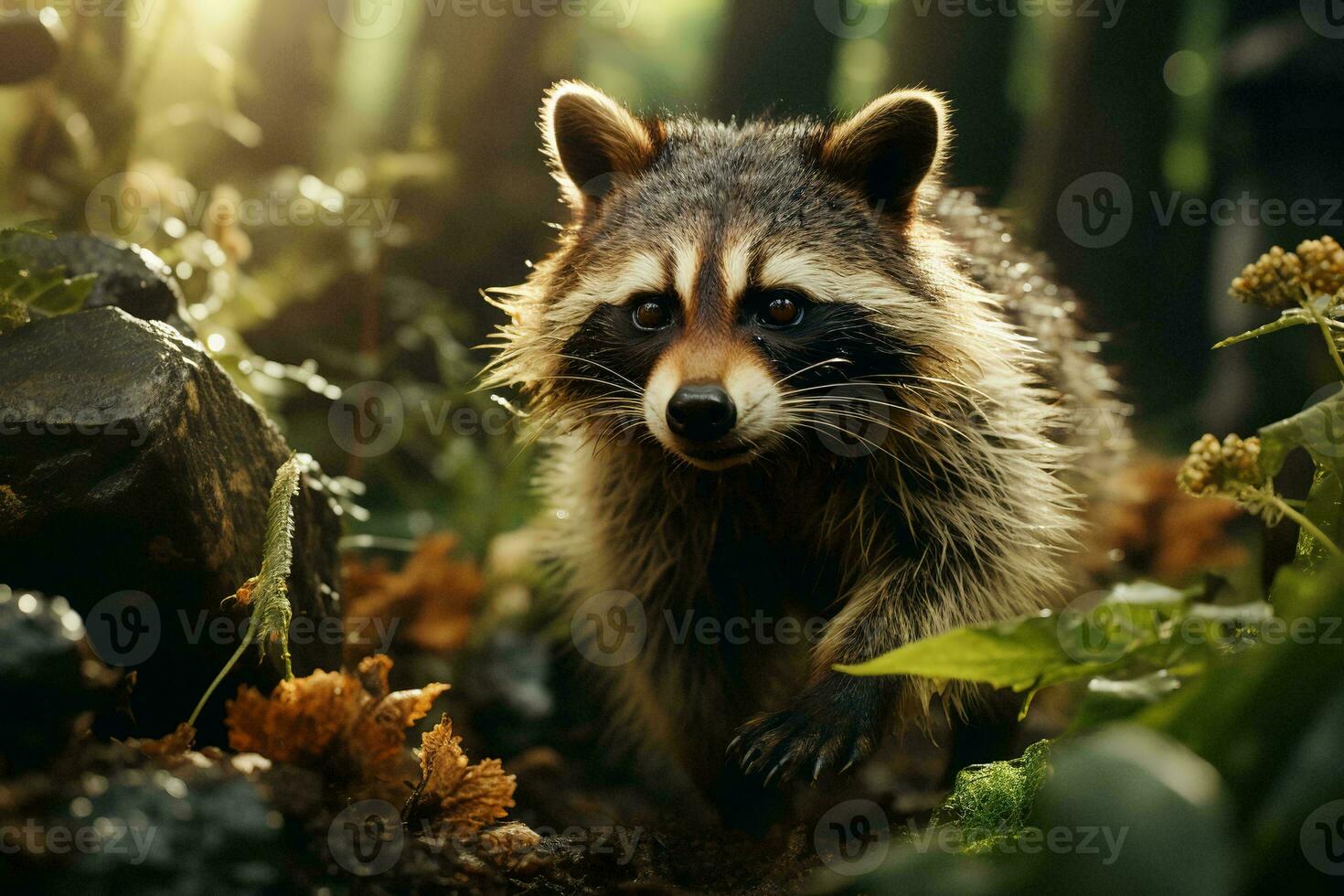 AI generated a raccoon amidst a vibrant forest, with sunbeams illuminating the lush greenery and detailed fur texture. The raccoon fur is detailed and appears soft photo