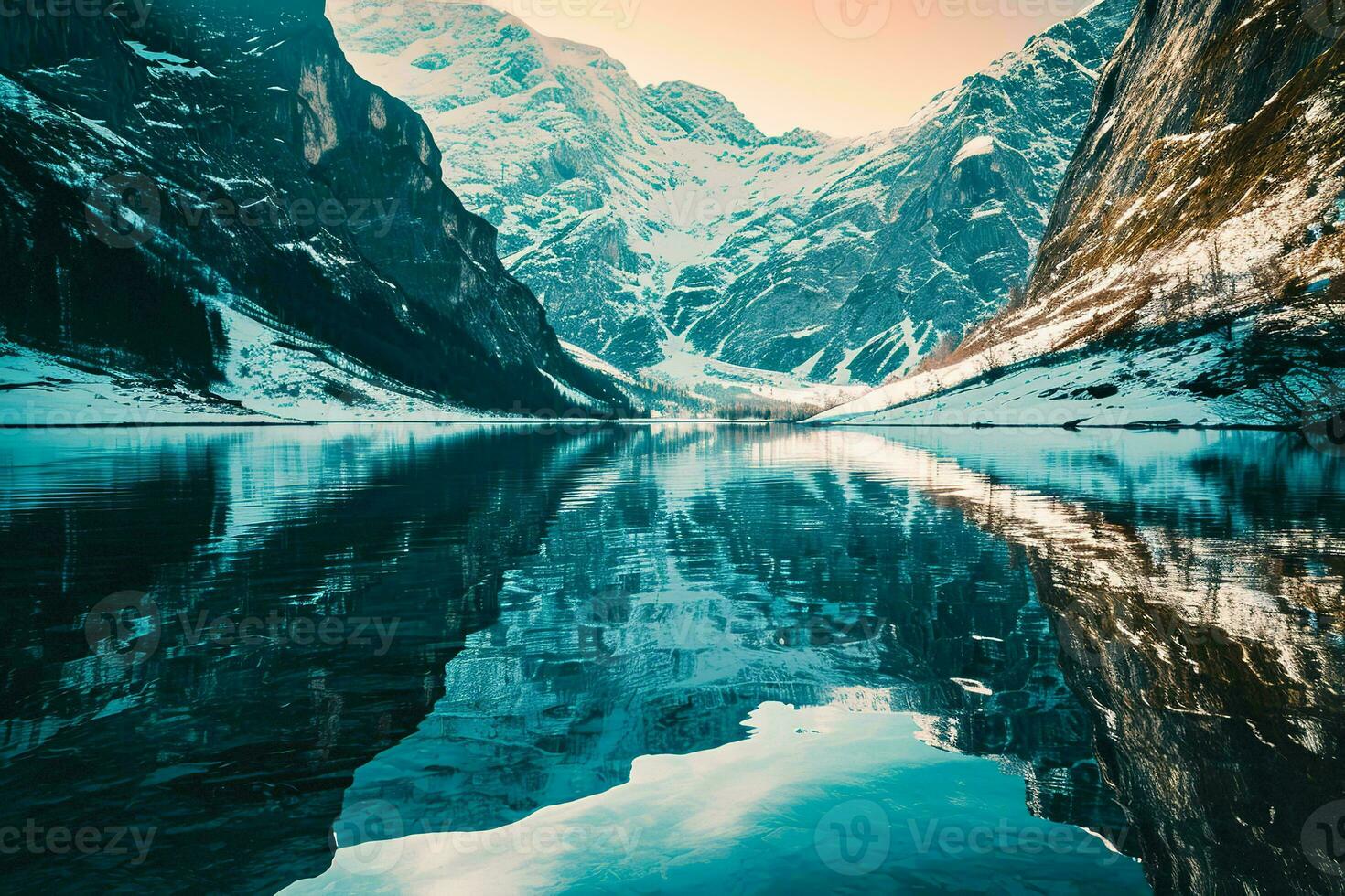 AI generated A breathtaking view of snowy mountains reflected in a tranquil lake under a clear sky, showcasing nature's majesty. photo