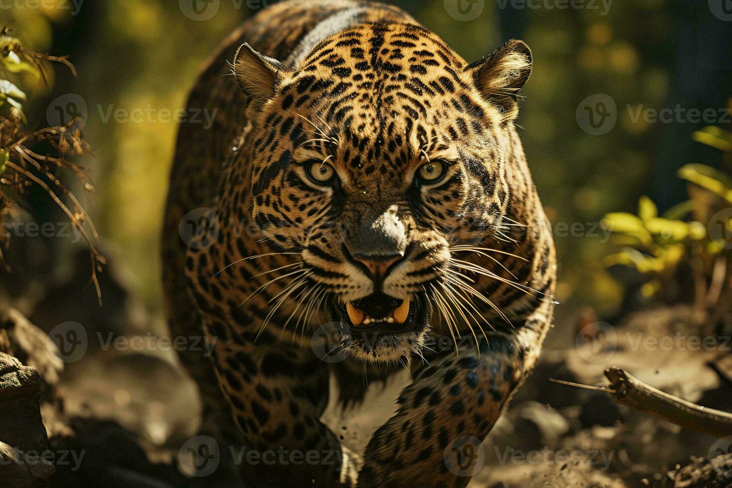 AI generated a majestic leopard prowling in a lush forest. Sunlight filters through the leaves, illuminating its spotted fur. photo