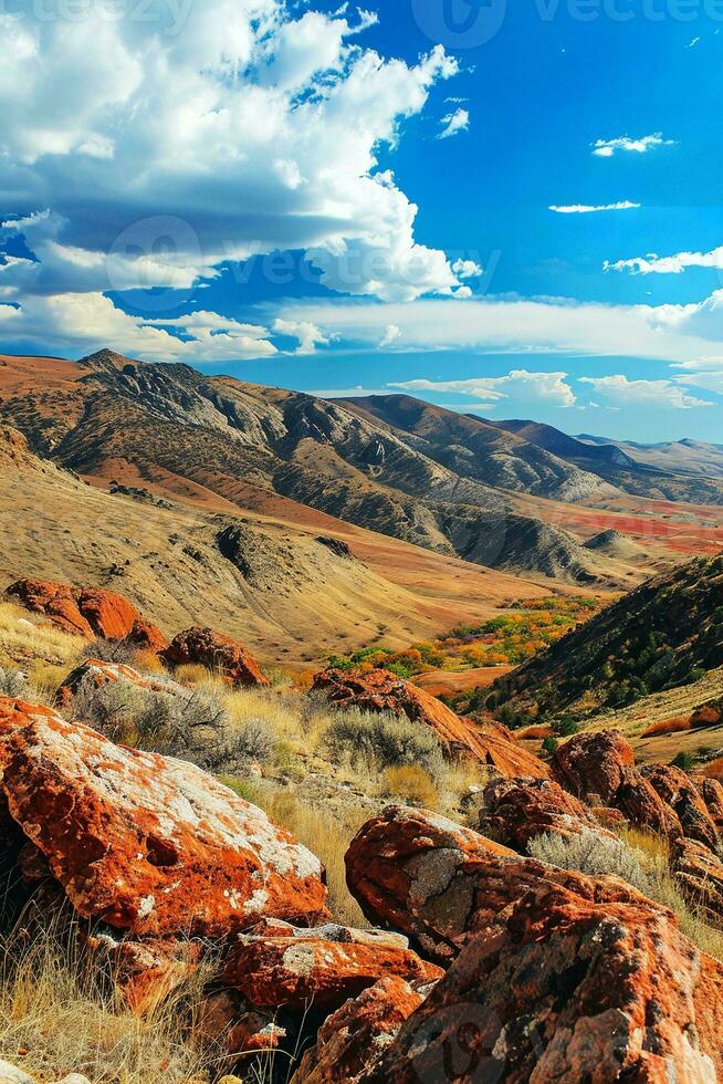 AI generated a stunning natural landscape characterized by its vivid colors and dynamic terrain. In the foreground, there are large, rugged rocks with reddish-brown hues. photo