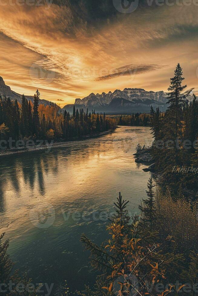 AI generated A breathtaking view of a tranquil river, surrounded by autumnal trees with the rocky mountains backdrop under a golden sunset. photo