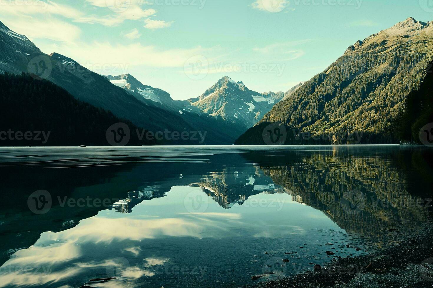 AI generated Breathtaking view of a tranquil alpine lake reflecting towering, snow-kissed mountains surrounded by dense, green forests under a clear sky photo