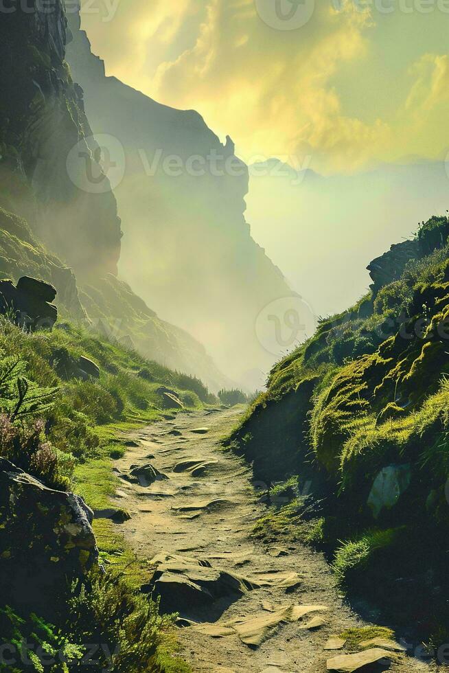 AI generated a serene pathway amidst mountains, enveloped in mist with the golden sunrise illuminating the lush green landscape photo