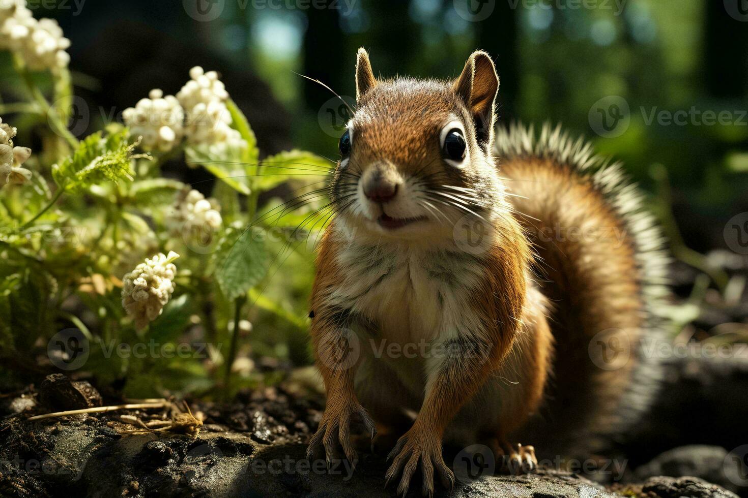 AI generated A detailed photograph of a squirrel in its natural habitat, surrounded by lush greenery and bathed in sunlight. The squirrel intricate fur details photo