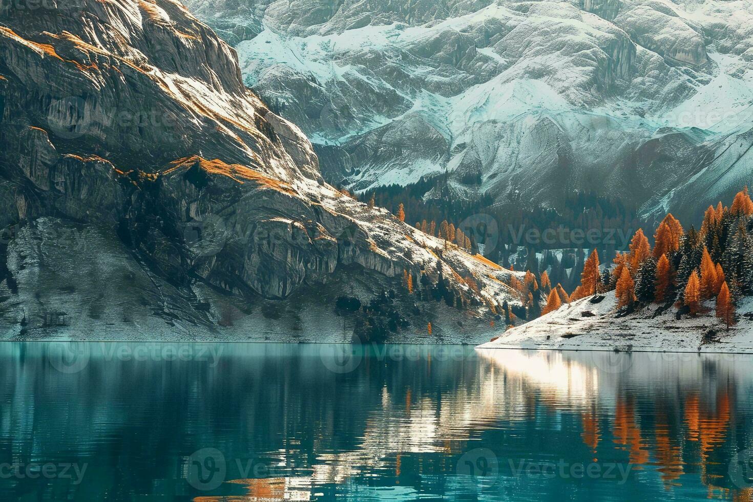 AI generated Snow-capped mountains tower over a tranquil alpine lake surrounded by autumnal trees reflecting in the calm waters. photo