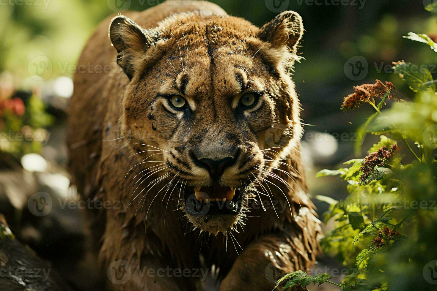 AI generated a majestic puma prowling amidst lush green foliage. The animal intense gaze is captured in the image, highlighting its wild beauty. photo