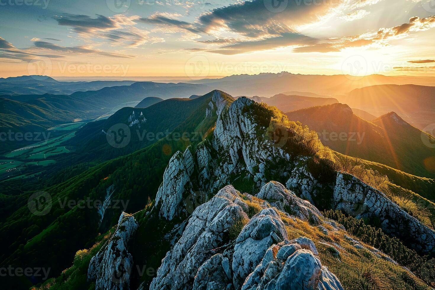 AI generated A breathtaking view of a mountain range during sunset. Rocky peaks with detailed textures are prominently featured in the foreground. photo