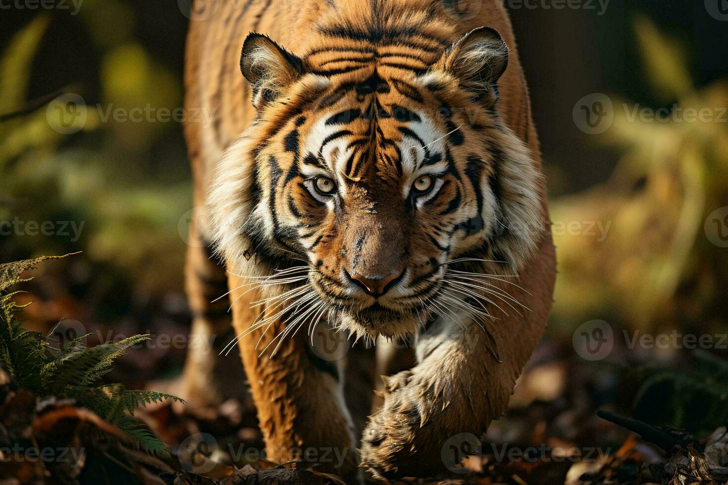 AI generated Majestic tiger walking through a lush forest, its intense gaze capturing the essence of wild elegance and natural beauty. photo