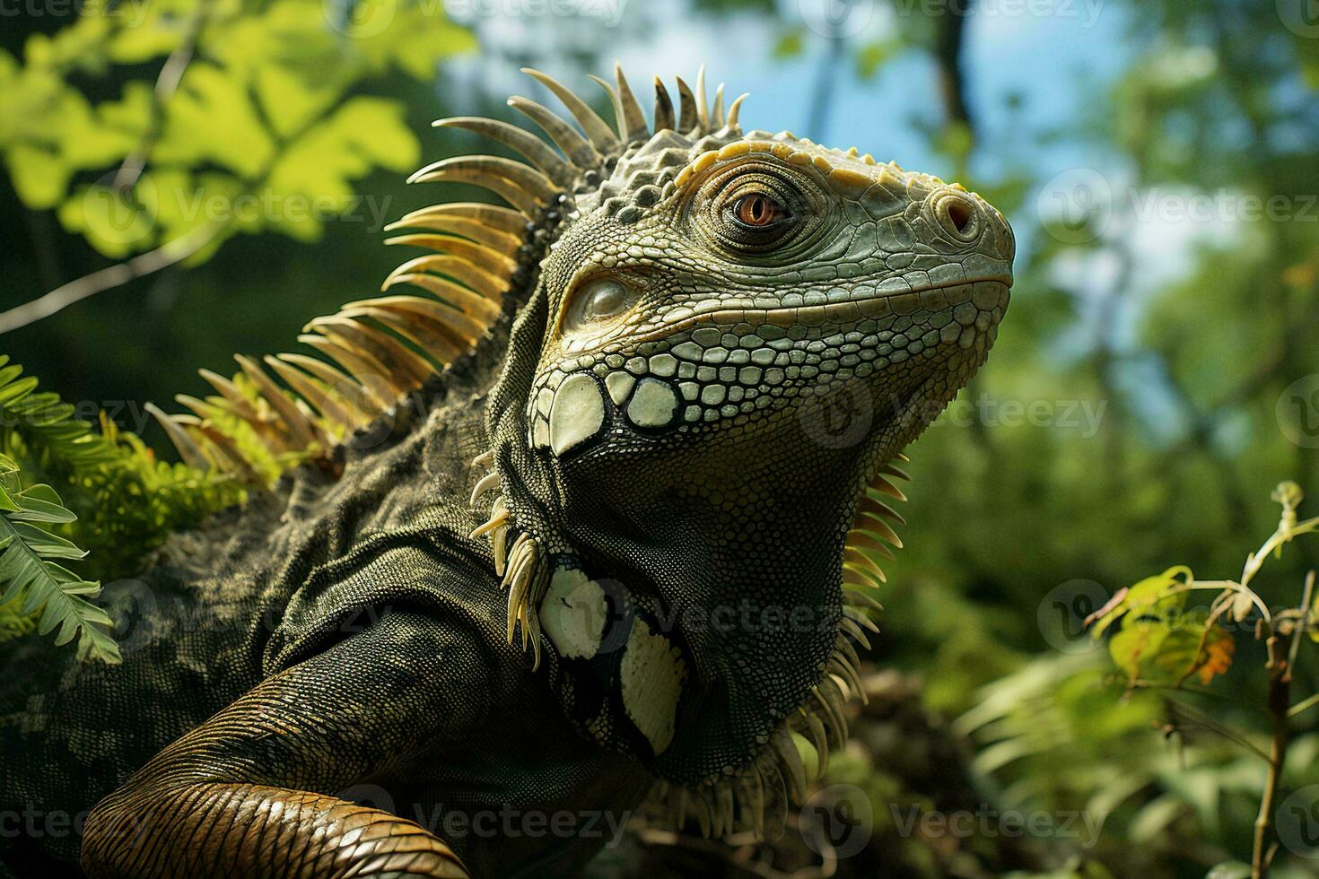 AI generated A stunning image of an iguana amidst lush greenery, its scales intricately patterned and detailed, basking in the warm glow of sunlight. photo