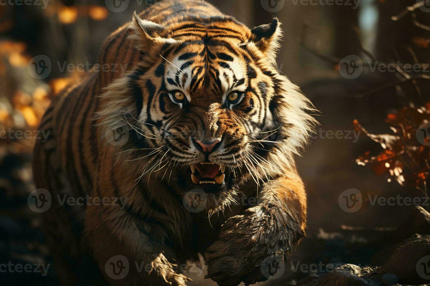AI generated a majestic tiger in an autumn forest, displaying power and beauty amidst fallen leaves and serene nature. The tiger intense gaze photo