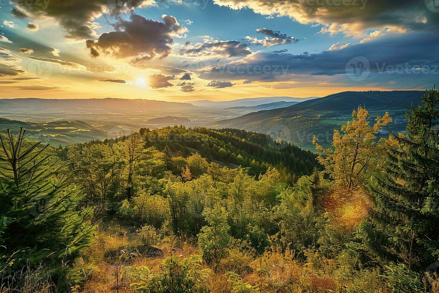 AI generated a breathtaking sunset illuminating a serene landscape of mountains, with dark clouds overhead and a rocky terrain in the foreground. photo