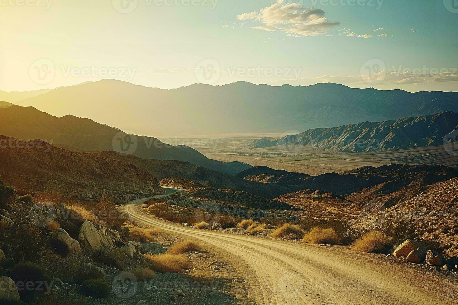 AI generated A stunning sunset over a mountainous landscape, with dark clouds overhead and a rocky terrain in the foreground. photo
