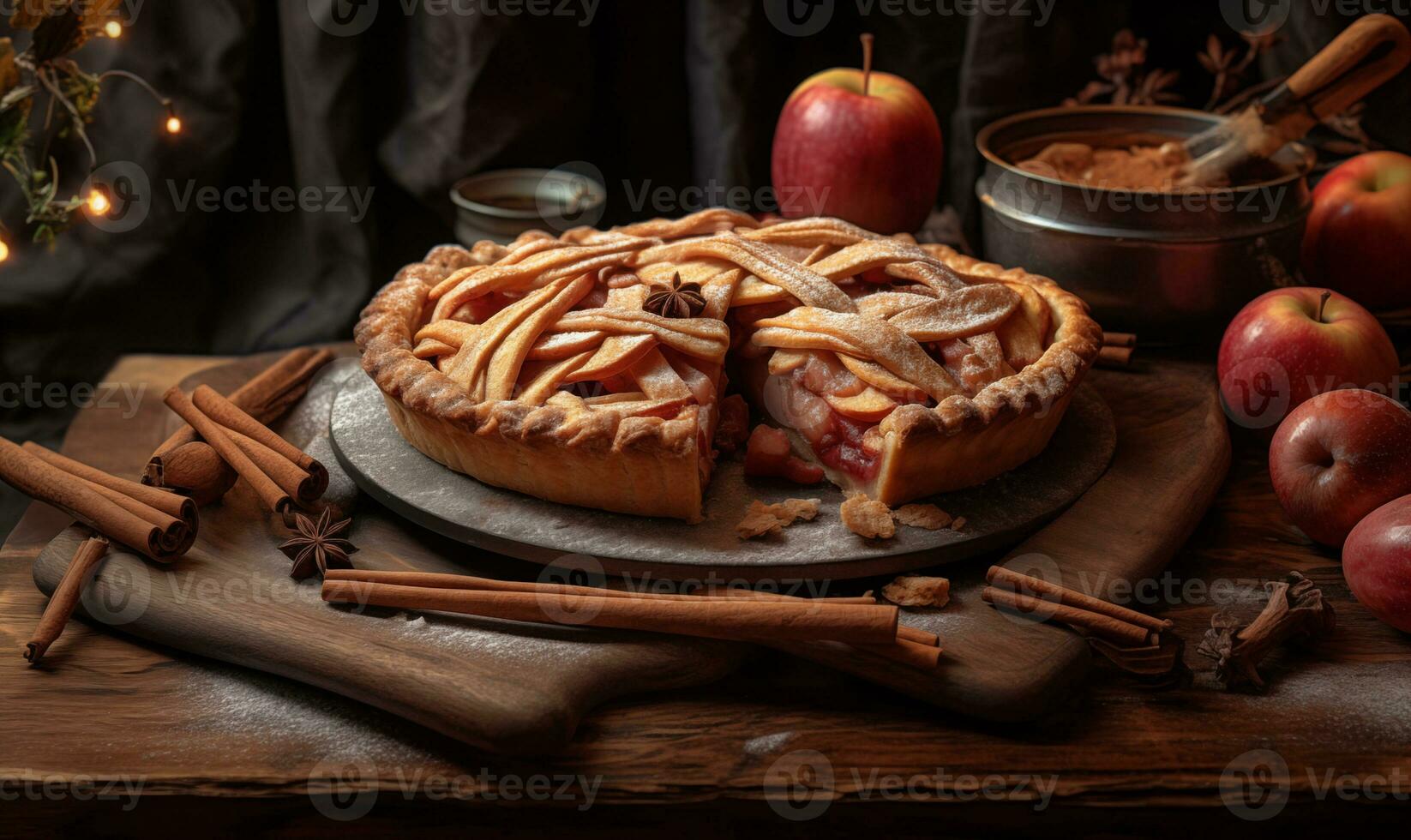 AI generated Apple pie with cinnamon sticks on a wooden tray photo