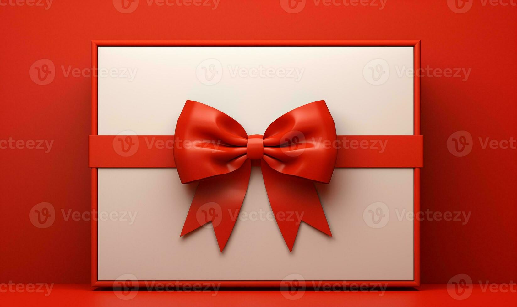 AI generated A white gift box with a red bow on a red background. Valentine's Day celebration. Christmas. Generated by artificial intelligence. photo