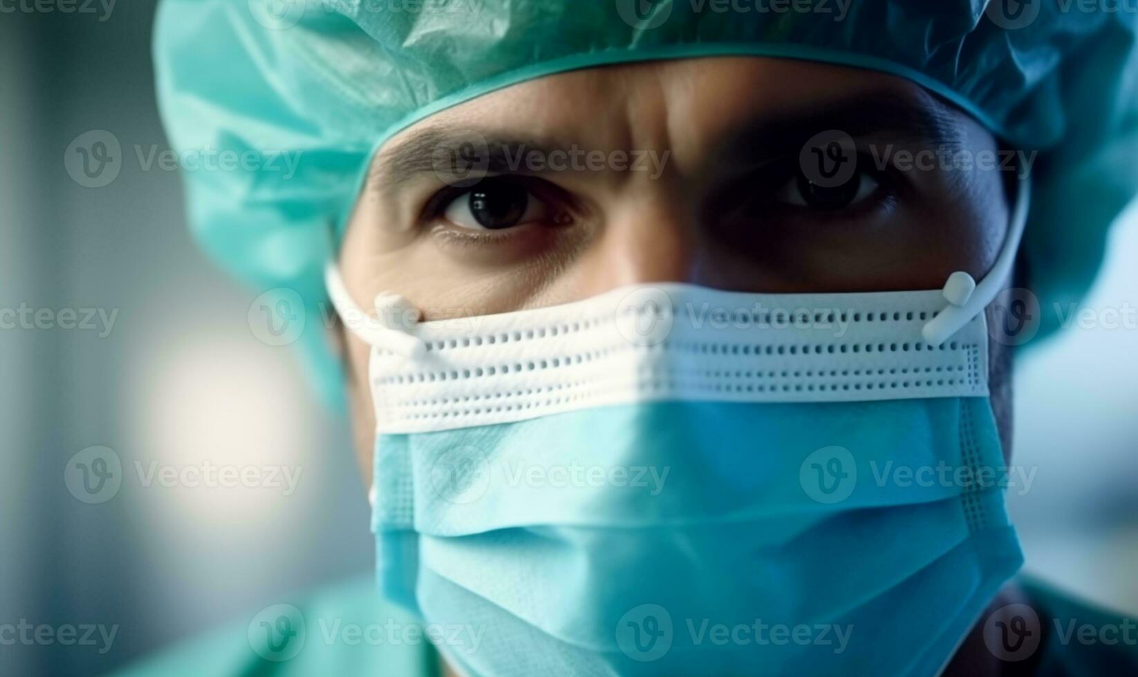AI generated Portrait of a surgeon doctor in a medical mask in the hospital, created with generative ai photo